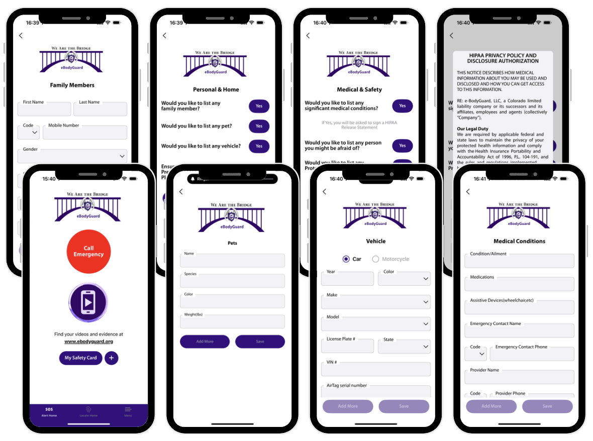 My eBodyGuard App Screens: Call Emergency, Safety Card, eBodyCam, Medical Conditions