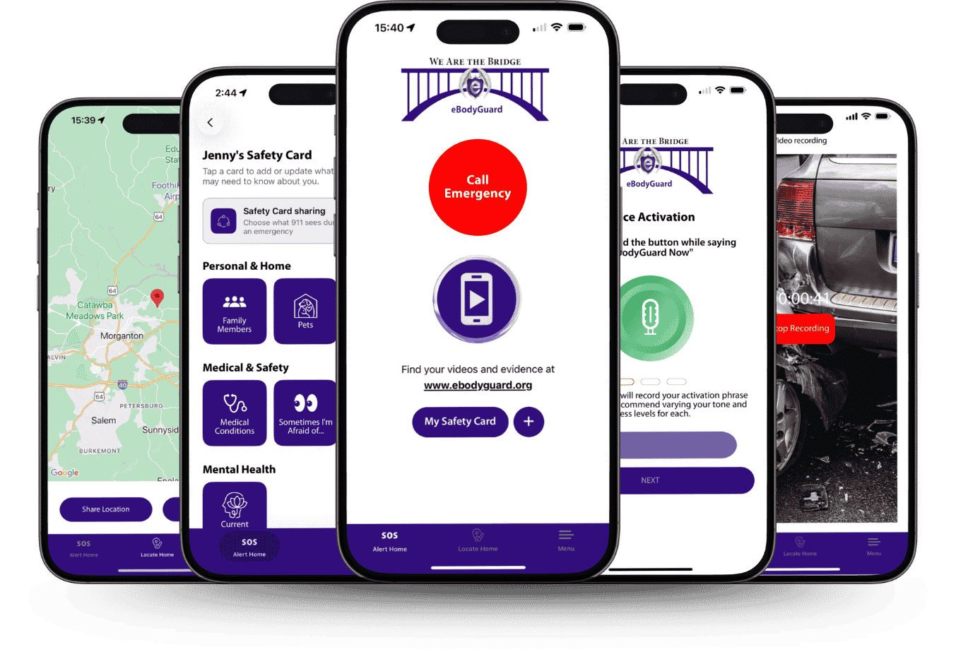 App Screens_Five Phones Five smartphones display different screens of the My eBodyGuard App, featuring options like the 911 SOS button, voice activated emergency calling, location sharing, Safety Card, location sharing, and secure video evidence collection.