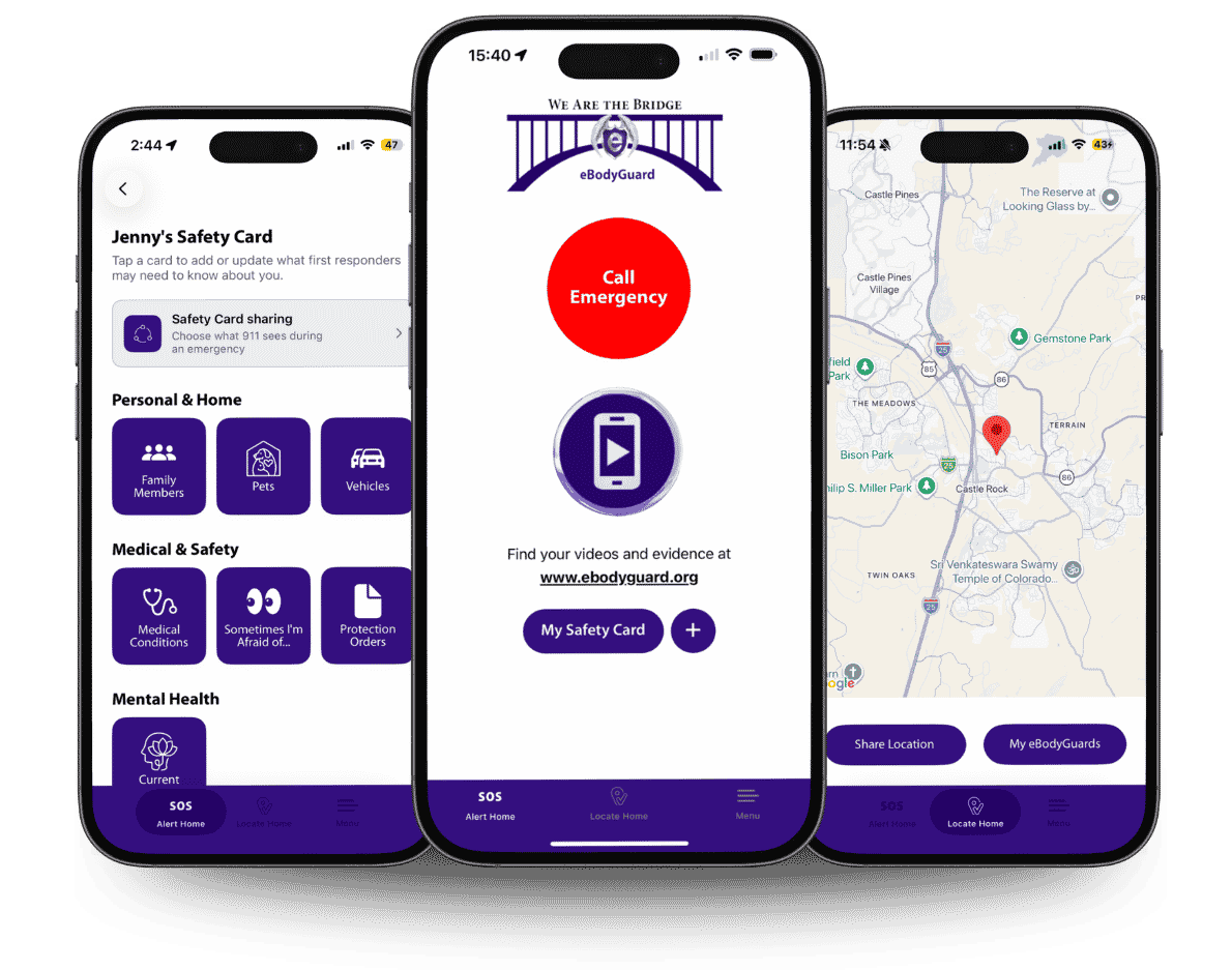 Three smartphone screens display an app for personal safety. Features include a safety card, an emergency call button, and a map with a red location pin. The interface uses purple and white colors.