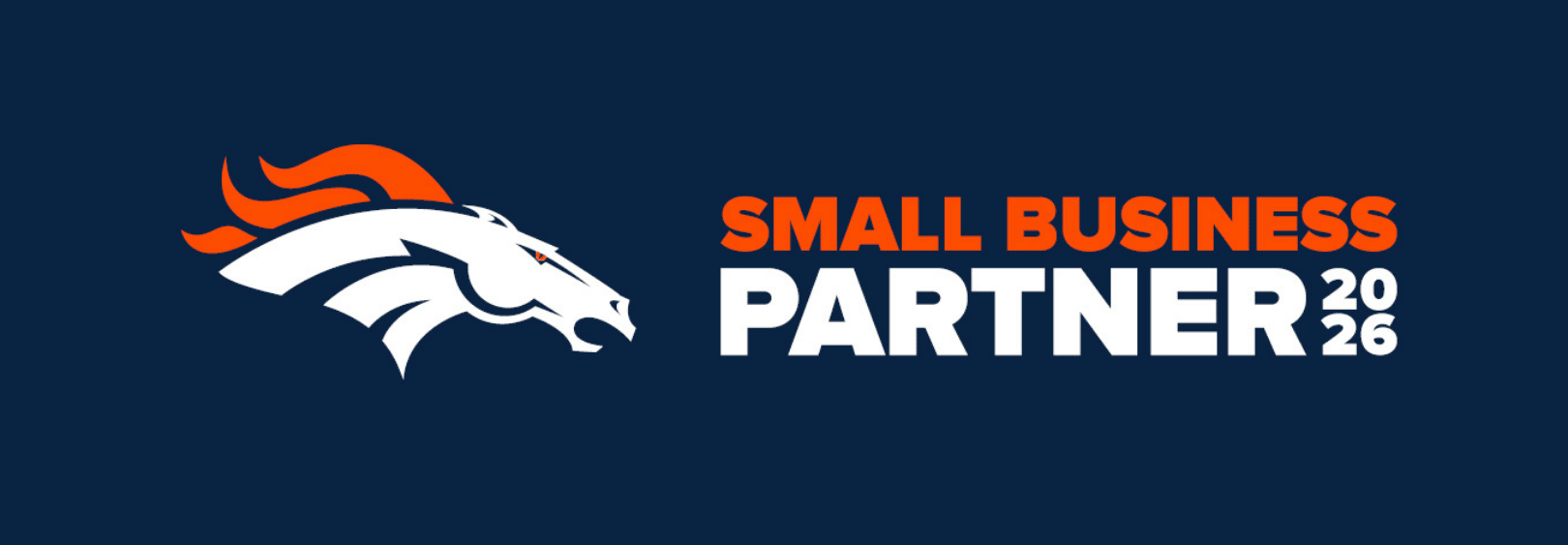 Broncos Small Business Partner Crest_Reduced Denver Broncos horse logo beside the words Small Business Partner 2026 on a dark blue background.