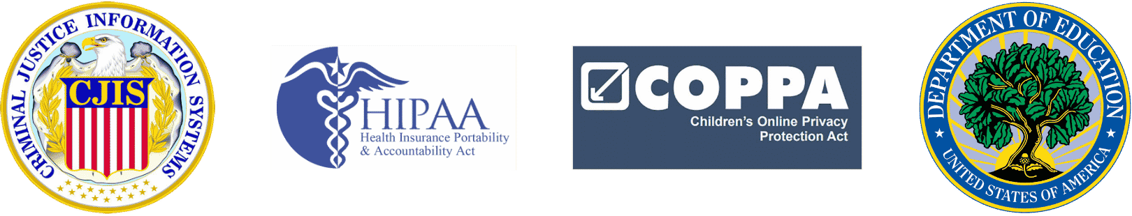 Data Privacy Icons Four logos: FBI Criminal Justice Information Services, HIPAA with a caduceus, COPPA with child privacy text, and the US Department of Education seal with a tree.